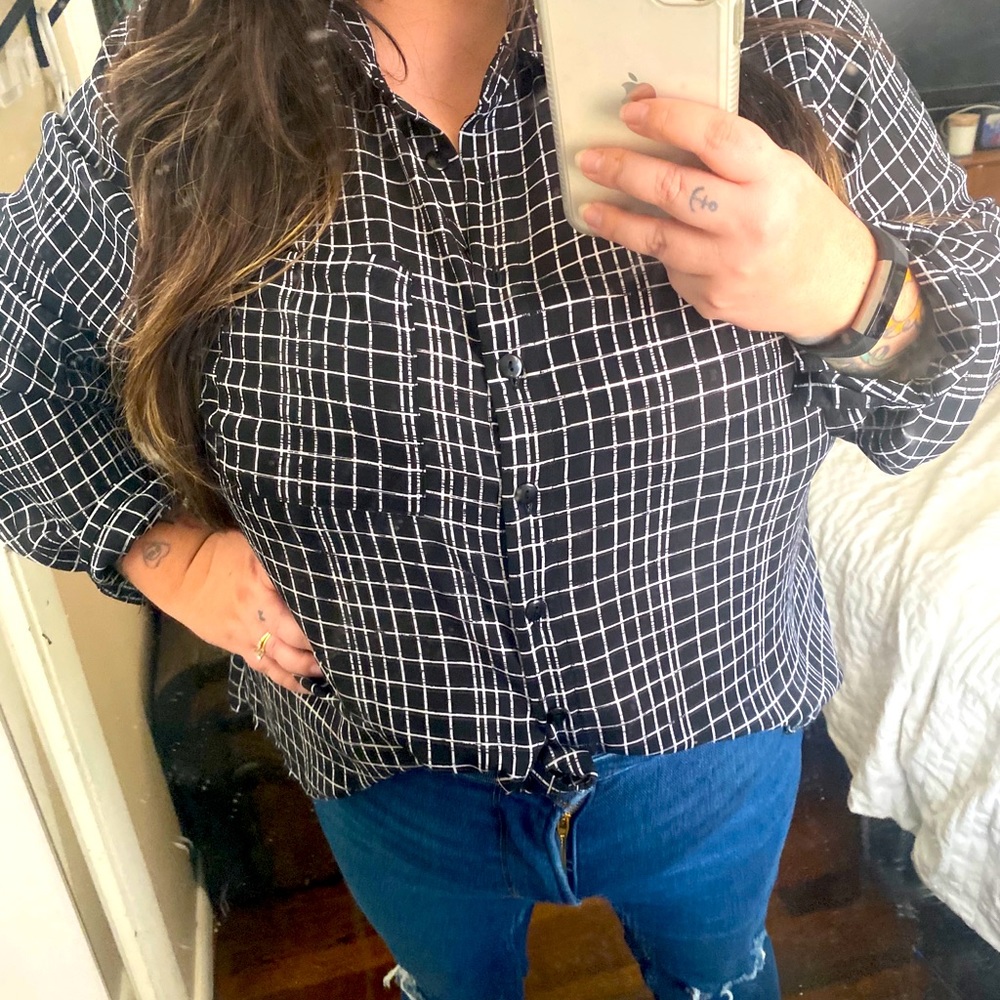 Black and white button down top.